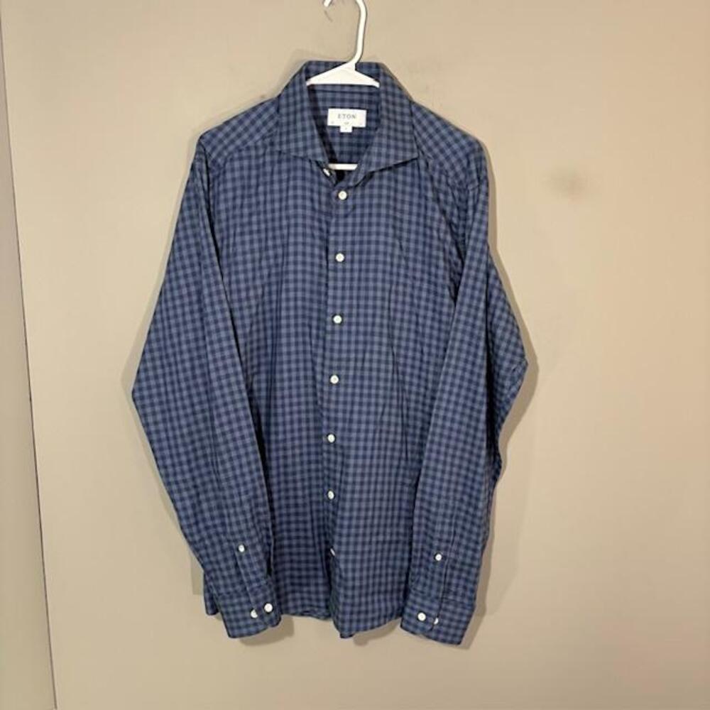Eton Shirt Mens 17 43 Blue Gingham Slim Fit 100% Cotton Dress Long Sleeve